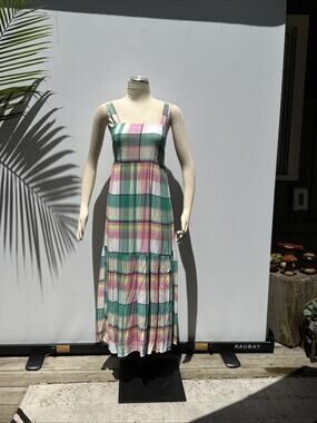 Ann Taylor LOFT Dress Women XXS Pink Green Plaid Tiered Sleeveless A Line Maxi